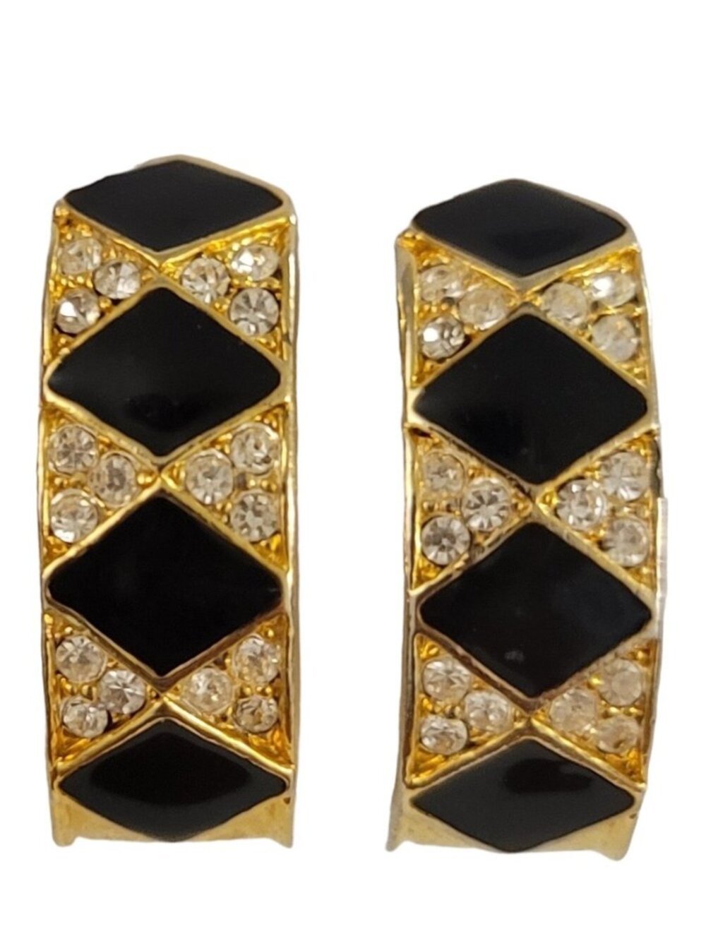 Gold Tone Black Enamel Clear Rhinestone J Style Clip On Earrings K943